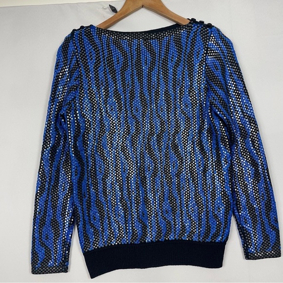 Vtg 80s Glam St. John Knit Sweater Blue Zebra Top Rock Sequin Shiny Retro Print - Picture 16 of 16